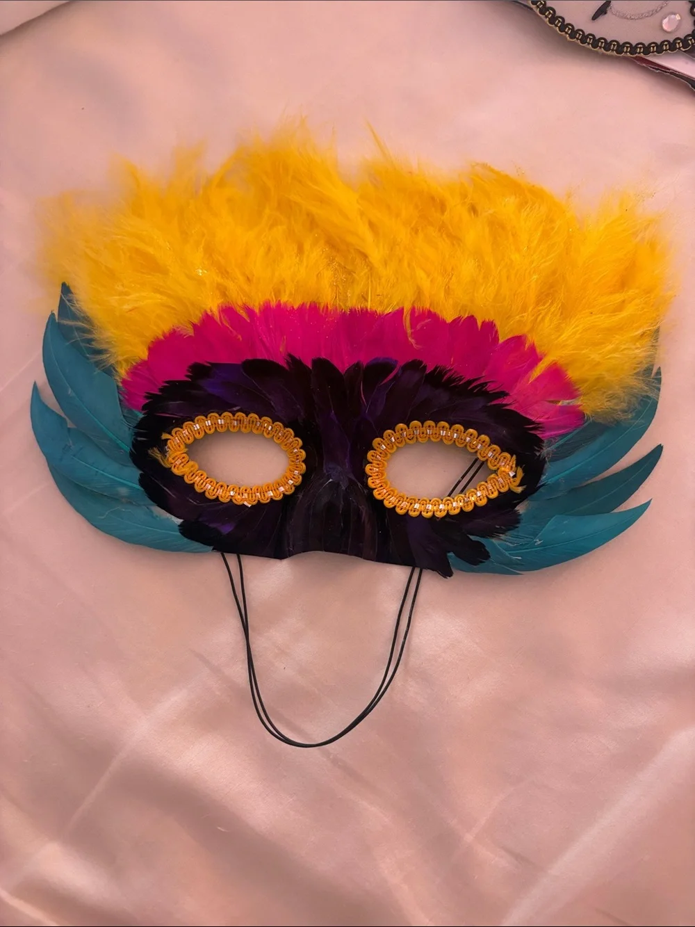 Colorful Feather Masquerade Mask - Yellow, Pink, Teal, Black
